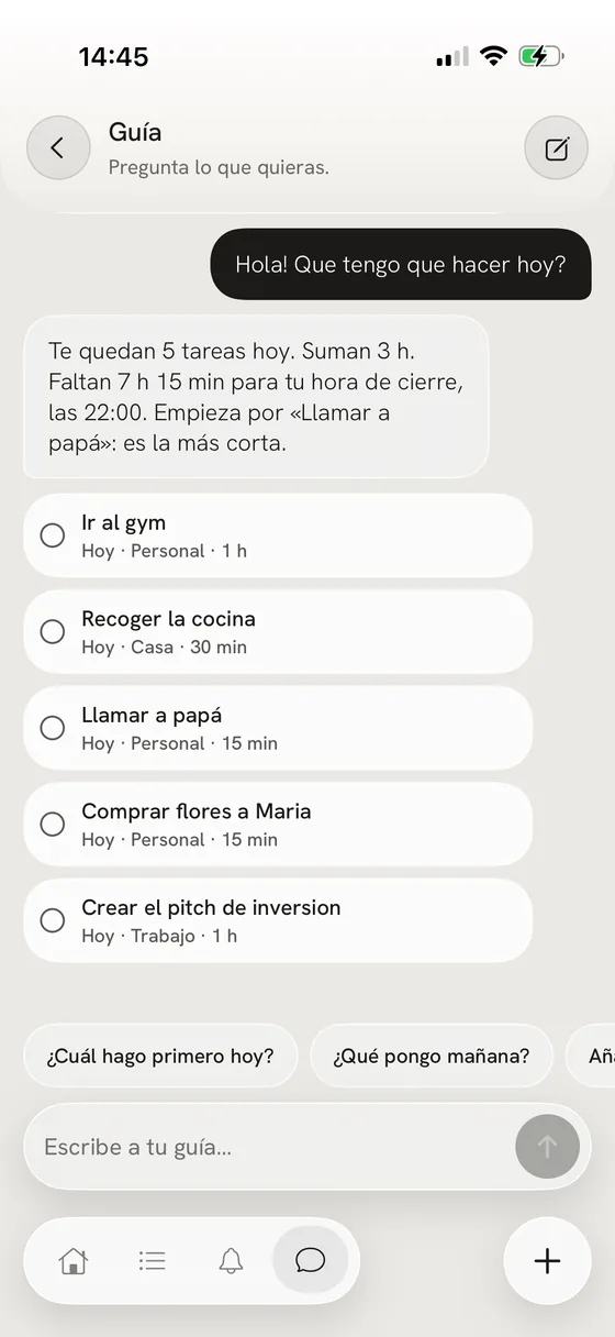 La guía de WakeUp respondiendo qué tareas te quedan hoy.